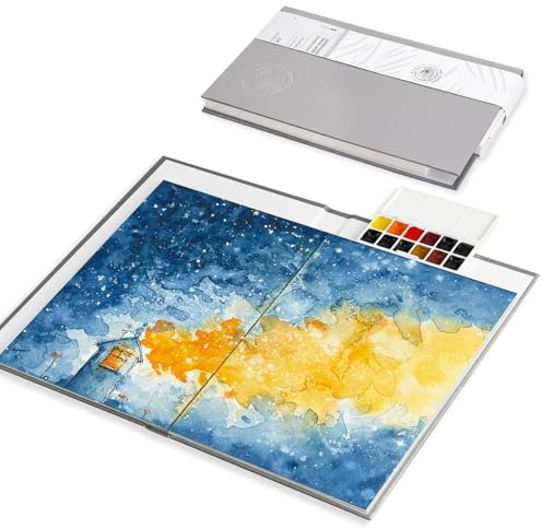 Kit de acuarela Paul Rubens, juego de acuarelas de viaje de 12 colores, con 24 hojas de 150 g/m² (140 libras) 100% algodón, acuarela sin ácidos prensada en caliente con efecto de brillo, libro de