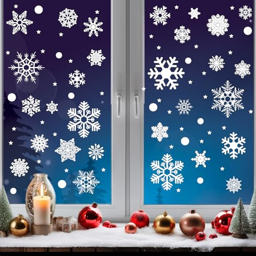 Niviy Christmas Window Stickers 247 Pcs - 6 Sheets Reusable Static Cling Snowflakes Christmas Decorations, Xmas Window Stickers for Home, Office, Xmas Themed Party
