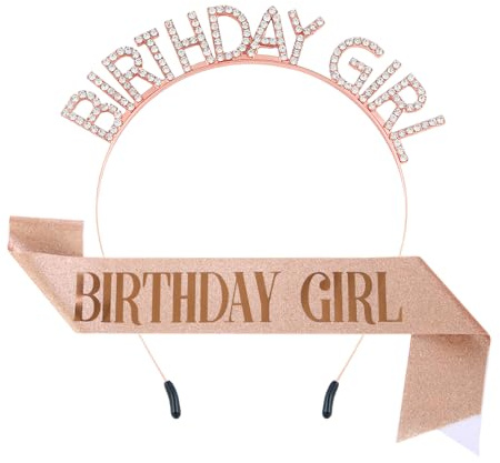 DOINEUFL Birthday Sash for Women, Rose-Gold Glitter Birthday Girl Sash ＆ Crown Crystal Tiara Headband, Party Accessories