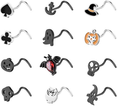 ZS 12 Piezas Piercings Nez Halloween Acier Inoxydable 20G - Nez Anneau Forme De L Hypoallergéniques Nez Stud Pour Femmes Hommes Argent Noir (Noir, Tire-bouchon)