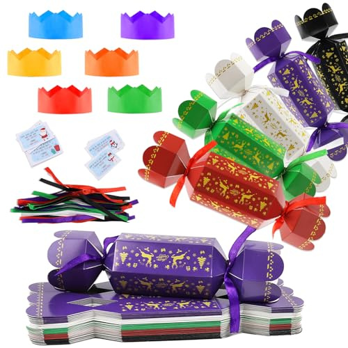 Yeegnar 30Pcs Christmas Crackers Bulk, Make Your Own Christmas Crackers Kit with 6 Colors, DIY Christmas Party Cracker Bulk, Candy Paper Boxes Novelty Decorations with Hats