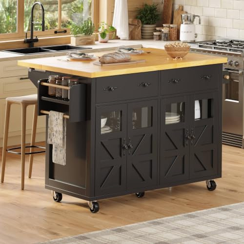 Lahoomu Kücheninsel, Multifunktionaler Servierwagen, Mobiler Buffetschrank, Küchenwagen für Esszimmer,Wohnzimmer,Küche, Inklusive Bremsen und verstellbaren Fächern, Schwarz