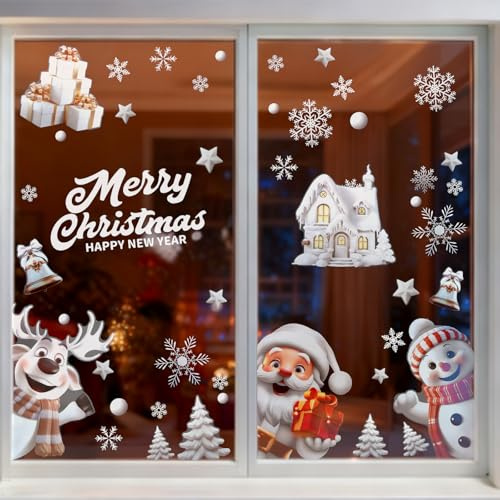 Srotmirw 9 Blätter Weihnachts Fensterbilder, Weihnachtsfensteraufkleber Weihnachten Dekoration für Innen, Außenbereich, Haus, Büro & Festtage mit Weihnachtsmann, Schneemann, Rentier und Schneeflocken