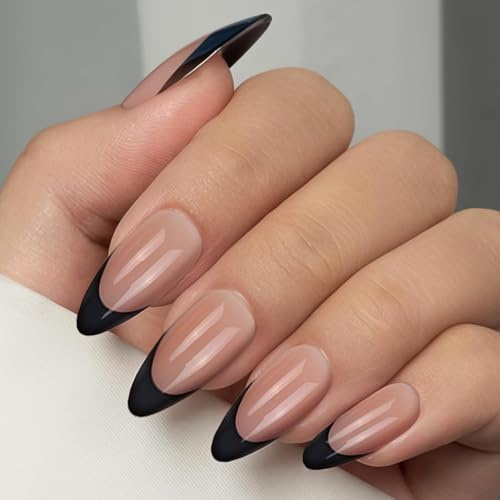 OuryTech Unghie Finte Press On Nero, 30 Pezzi French Tip Almond Corte, Unghie Finte Medie con Colla, Unghie Stick On Riutilizzabili in Gel Morbido, Kit Elegante di Unghie con Colla per Donne