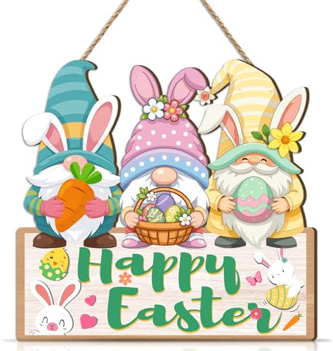 CHDITB Happy Easter Welcome Sign,Spring Easter Gnomes Eggs Front Door Sign,Welcome Door Wreath,Colorful Eggs Gnomes Bunny Door Wreath Home Decor,Spring Holiday Wall Hanging Outdoor Porch Garden