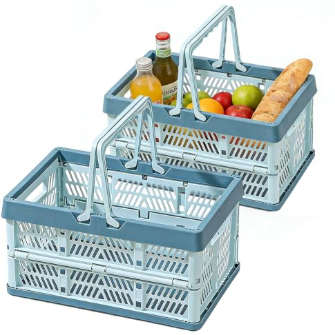 2 stycken små hopfällbara lådor, vikbar låda med handtag, stapelbara och utrymmesbesparande, vikbar förvaringslåda för kök, badrum, kontor, sovrum och garderober (blå, storformat)