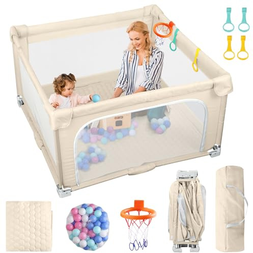eSynic Laufgitter Klappbar Baby Faltbares Spielgitter 127×127 cm Laufstall XXL Beige Krabbelgitter Indoor & Outdoor mit Atmungsaktivem Netz 50 Bällen Spielgriffen & Tragetasche