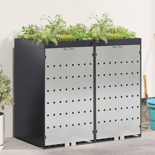 Mokuyary Rangement de Poubelle à roulettes pour 3 poubelles Anthracite, Abri de Jardin Cache pour poubelles, Conteneur d'extérieur Coffre de Rangement -C