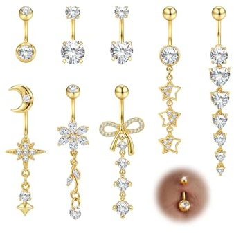 Milacolato 8 stycken navelpiercing-hängarset för kvinnor, kirurgiskt rostfritt stål navelsmycken med zirkoniakristaller