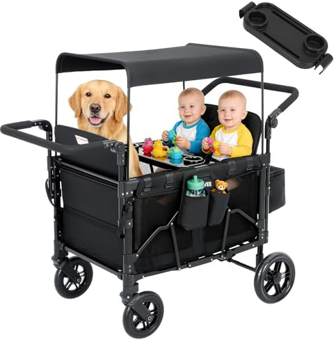 Carrello da Spiaggia, Carrello Pieghevole con Tetto per 4 Bambini, Carrello Spiaggia Bambini con Manico Regolabile e Ripiano per Snack, Tettuccio Rimovibile, Ruote In Poliuretano con Freni, Custodia