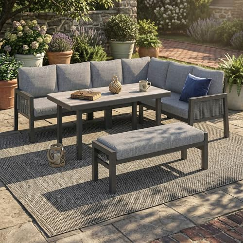 Lahoomu Garten-Essgruppe, Gartenmöbel-Set, 8 Personen, Eckstellung, Verzinktes Eisen, Glastischplatte, handgefertigtes PE-Geflechtseil, Beinhaltet Esstische, Grau