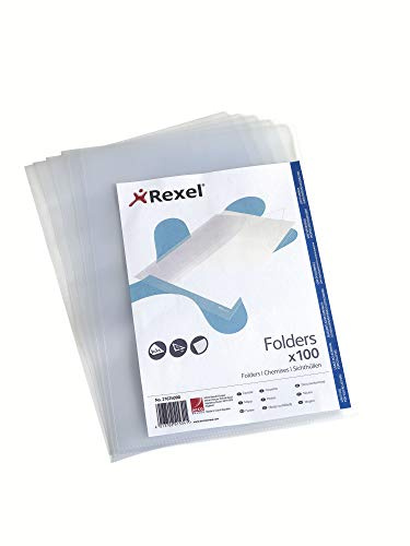 Rexel Standard Prospekthülle A4, 100 Kunststoffhüllen für Dokumente, 30% Pre-Consumer-Recycling-Kunststoff, 100% recycelbar, für 40 Blatt, Öffnung oben und an der Seite, 85 Mikron, 21674090