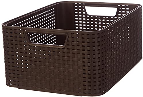 Curver 18L Storage Basket with Woven Rattan Design for Bathroom, Bedroom, Office - Ergonomic Handles - Dark Brown
