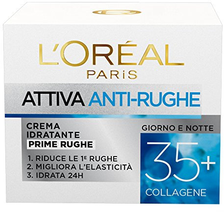 L'Oréal Paris Crema Viso Anti-rughe Attiva 35+, Crema Idratante Prime Rughe, Migliora l'Elasticità e Idrata la Pelle, 50 ml, Confezione da 1