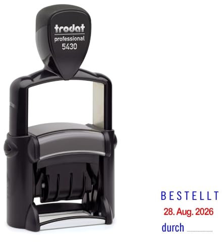 Trodat Professional Dater 5430 Datumstempel mit 2farbigem Kissen blau/rot + Wunschtext, Stempeltext:B E S T E L L T