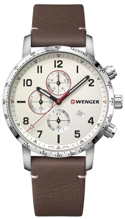 WENGER Herren Armbanduhr Attitude Chronograph Ø 44 mm, Swiss Made, Analog Quarz, Wasserdicht bis 100 m, Leder-Armband, Creme/Braun, 01.1543.113