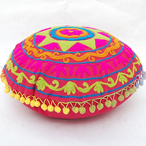 Cojín Redondo Tradicional Suzani de Jaipur Boho, Fundas de cojín Bordadas de 16 , Fundas Decorativas de cojín, Cojines al Aire Libre Indian Pom Pom, Fundas de Almohada Boho