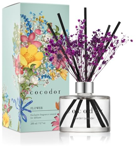 [COCODOR/Garden Lavender] Flower Reed diffusers Oil with a Set of 5 Fiber Sticks, 200ml, Best for Home, Kitchen, Bathroom. Diffusers with sticks