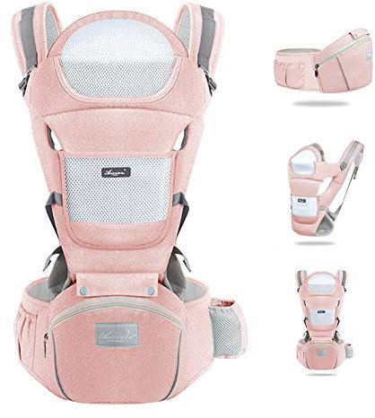 Marsupio Neonato 0-36 mesi, YIKANWEN Marsupio Ergonomico Bambini con Sedile Multiposizione, Poggia Testa e Cappuccio, Adatto per Neonato Inferiore a 25kg, Puro Cotone Traspirante e Leggero, Rosa