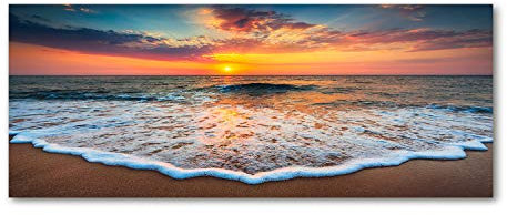 Tulup Impression sur Verre 125x50 cm Image Tableau Photo décorative panoramique pour la Cuisine et Le Salon - Paysage - Coucher De Soleil sur La Mer - Orange