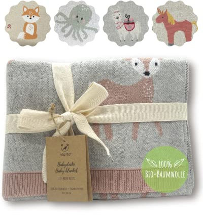 nidito Premium Bio-Baby-Decke Rosa Mädchen/Bio-Baumwoll-Decke Baby, 80x100 cm, 100% Bio-Baumwolle, REH-Kitz, Grau, Beige, Alt-Rosa, Wolldecke ideal als Erstlings-/ Kuscheldecke