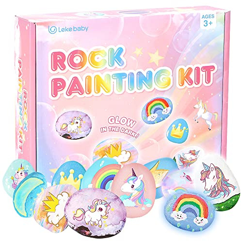 Lekebaby Rock Painting Kit, Arts and Crafts for Kids, Creative Toys & Gifts & Presents for Boys Girls Age 3-12 Year Old, Unicorn/Pink