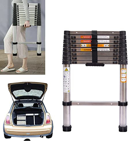 Teleskopleiter 2,6m Edelstahl Leiter, Rutschfesten Stehleiter, Tragbare Anlegeleiter Ausziehbare Leiter Robust Loftleiter 150KG Tragkraft EN131