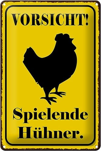 mrdeco Metall Schild 20x30cm gewölbt Vorsicht spielende Hühner Deko Blechschild Tin Sign