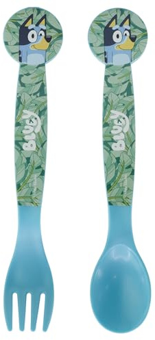 STOR Set 2 Posate Bambini Bluey Plastica - Forchetta e Cucchiaio con Design Arrotondato Sicuro per Bambini