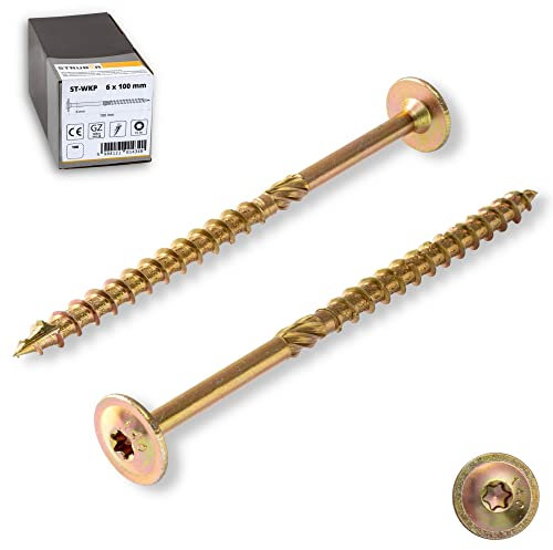 STRÜBER Tellerkopfschrauben mit Torx-Antrieb (6,0 x 140 mm / 100 Stück) Holzschrauben für Dachkonstruktionen - Konstruktionsschrauben Gelb verzinkt - Sparrenschrauben TX-Buchse - BIT TX-30 inklusive!