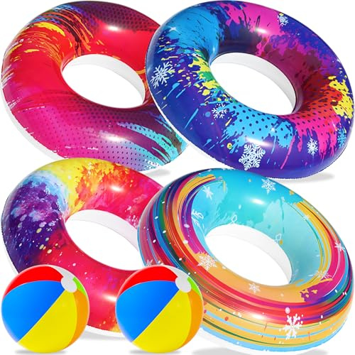 6PCS Pool Floats Kids, 4 Pcs Swim Tubes Rings & 2 Pcs Beach Balls, Inflatable Pool Floaties Water Toys for Swimming Pool Party Kids Adults, Swim Tubes for Beach Swimming Party