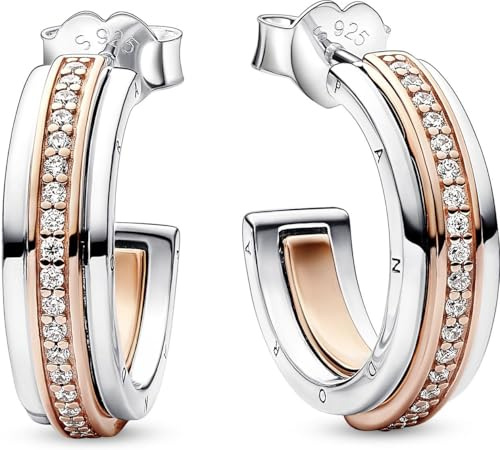 PANDORA Signature Bicolor Logo & Pavé Ohrringe aus Sterling Silber mit rosévergoldeter Metalllegierung, Zirkonia, Höhe: 17mm, 282737C01