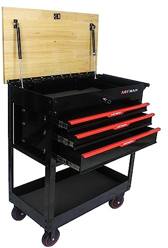 Rolling Tool Cart with 3-Drawer Utility Tool Box with Wheels Wood Top Mechanic Tool Storage Organizer Cabinet for Garage, Warehouse, Workshop, Repair Shop - Red