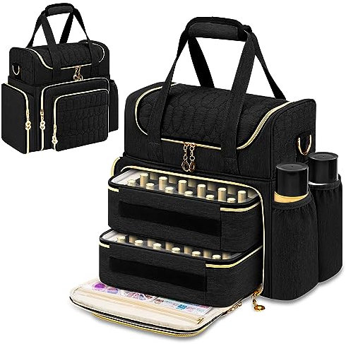 Betoores Nagellack Aufbewahrung Tasche, Doppelschicht Organizer für 70 Flaschen (bis zu 15 ml) Tragbare Nagellack Tasche für Nageltrockner Nagellampe und Nagellack Zubehör - Schwarz