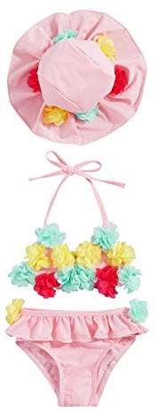 Newborn Baby Girls 3 Pieces Floral Bikini Triangle Frill Panties + Sun Protection Cap Swimsuit Beach Pool, pink, 6 Months