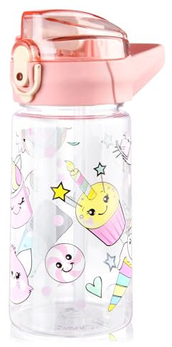 flintronic 500ml Trinkflasche Kinder, Kindertrinkflasche mit Strohhalm, BPA-freie Kinder-Wasserflaschen, Sportwasserflasche mit Auslaufsicherem Flip-Top-Deckel für Mädchen und Jungen, Rosa