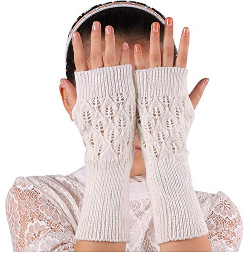 DUHGBNE Fingerlose warme Strickarme warm halten mitten Winter weiche Handschuhe Damenhandschuhe Dünne Baumwollhandschuhe Ohne Finger (White, One Size)