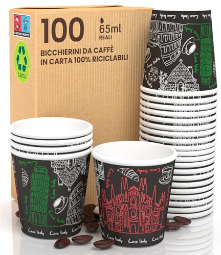100 kaffemuggar av papper, 65 ml, Italien, svart, miljövänlig, biologiskt nedbrytbar, engångs, små drycker, varma drycker