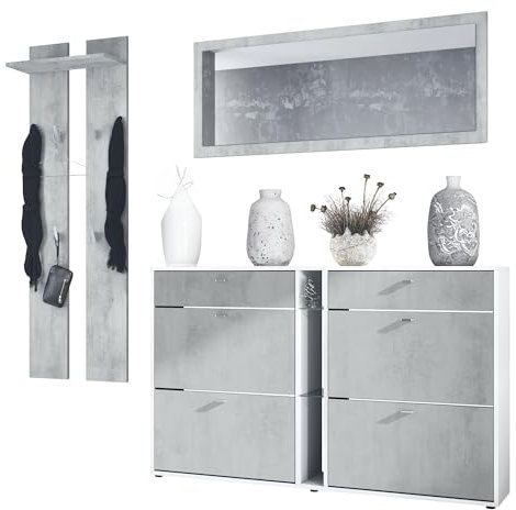 Vladon Garderoben-Set Orlando mit Schuhschrank, Made in Germany, Wandpaneel und Wandspiegel, Weiß matt/Beton Oxid Optik