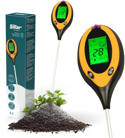 Sillar Bodenmessgerät 4in1 für pH Wert, Feuchtigkeitsmessgerät Pflanzen | für Rasen, Gartenarbeit, Zimmerpflanzen, Landwirtschaft und Outdoor-Pflanzen