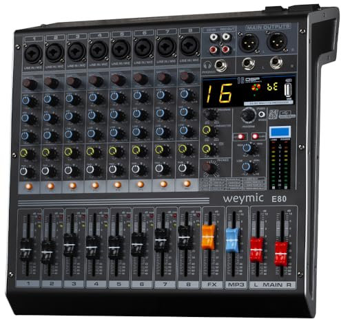 Weymic E-Series Professional Mixer for Recording DJ Stage Karaoke Music Application w/USB Drive for Computer Recording Input, XLR Microphone Jack, 48V Power for Professional (8-Channel) (8-Channel)