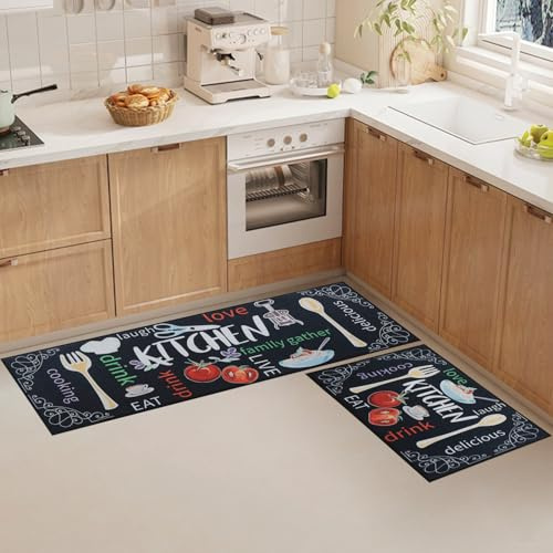 LHHMZ Lot de 2 tapis de cuisine antidérapants et lavables, 40 x 60 cm + 40 x 120 cm, décoration intérieure