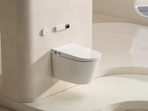 MEJE #T010G – Ensemble de toilettes murales intelligentes, avec bidet intégré, siège chauffant, séchoir à air chaud, chasse d'eau, ouverture et fermeture automatiques, télécommande, veilleuse, blanc