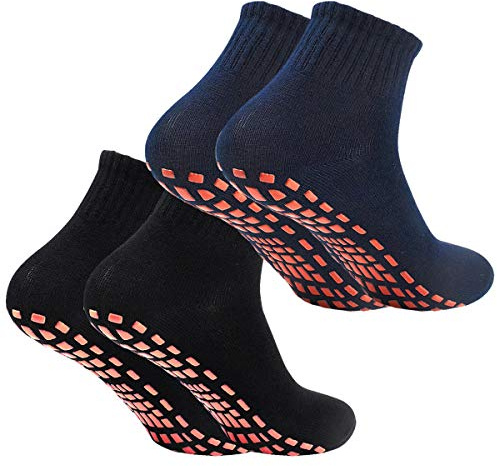 2 Pairs Womens Mens Non-slip Grip Socks ABS Sport Socks for Yoga Pilates Barre Trampoline Fitness Martial Hospital Home Walking Socks with Grips (UK, Numeric, 7, 8.5, Regular, Regular, Black/ Navy)