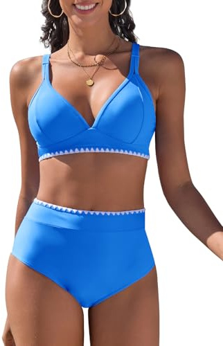 UMIPUBO Traje de Baño 2 Piezas Bikini Mujer Push up Cuello en V Reductors Barriga Talle Alto Bañadore Dividido Cintura Alta Conjunto De Dos Piezas de Playa(Azul,XXL)