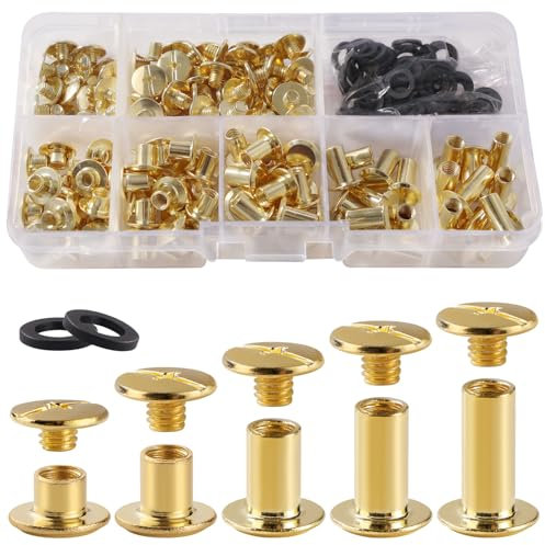 YIXISI 80 Juegos M5 x 4/6/8/10/12 mm Juego de tornillos Chicago, 5 Tamaños Remaches Cuero Kit, Tornillos de Encuadernación de Libros Kit, para Decoración de Cuero, Dorado