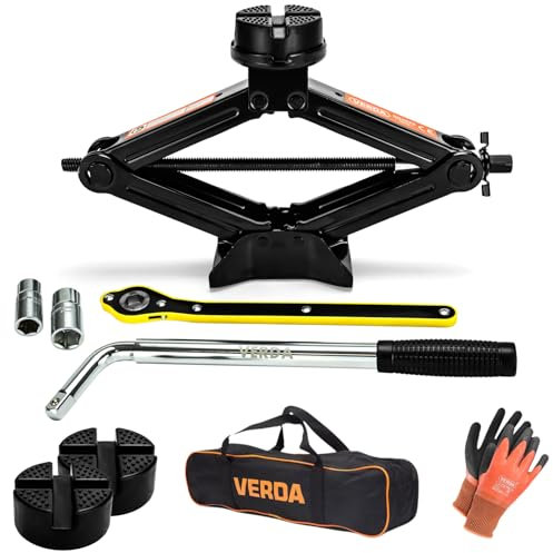 VERDA Scherenwagenheber 2000kg, Wagenheber 98-440 mm + Radmutternschlüssel + Ratschenschlüssel + Tasche, vergrößerte Stahlplatte, PKW SUV MPV Car Jack (SN4550 98-440mm)
