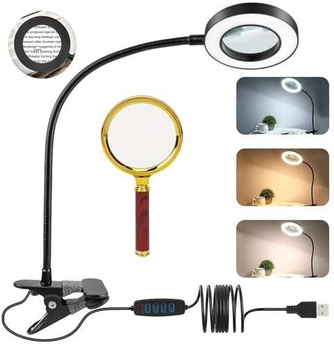 5X Lampe Loupe, Loupe avec Lumière et Support loupe Eclairante pour Réparation de Circuits Imprimés,Lecture,Couture avec 1 loupe Main(3 Modes d'éclairage/10 Niveaux de luminosité)