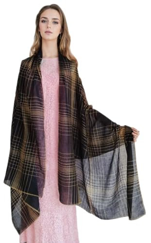 COtheSumay Kaschmir-weicher leichter Wollschal, Pashmina-Schals und Wraps für Abendkleider, Reisen, Büro, Hochzeit, Schwarz + Gelb (kariert), 35.5x78.7(90x200cm)