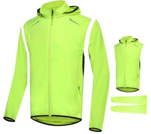 MODRYER 2-in-1 Fahrradjacke Für Herren Hi Vis-Regenmäntel MTB-Fahrradbekleidung Oberteile Schnelltrocknende Reitweste Wasserdichtes Winddichtes Lauf Radtrikot Mit Abnehmbaren Ärmeln,Green-XXL